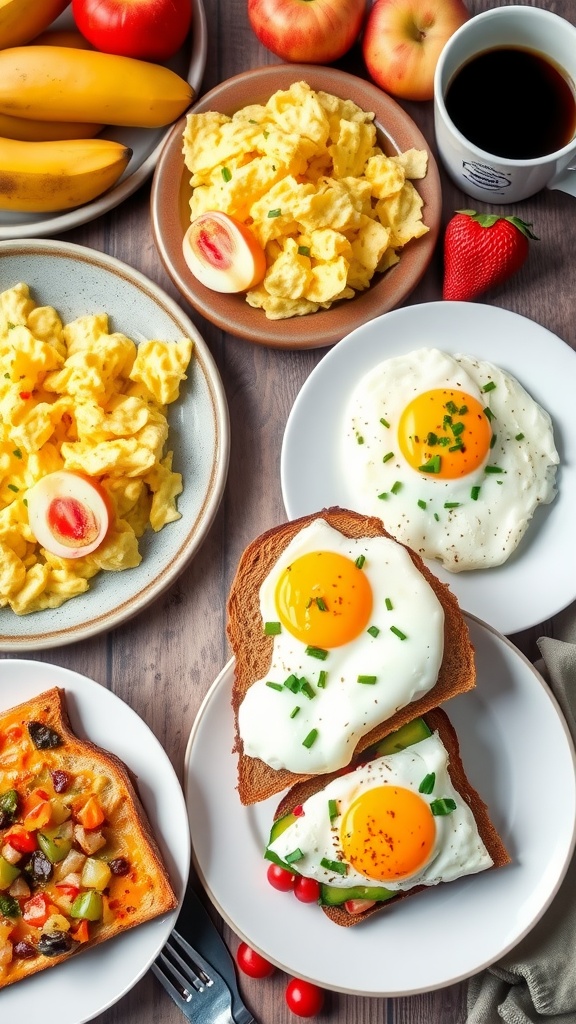 A variety of breakfast egg dishes including scrambled eggs, poached egg on toast, and vegetable egg casserole with fruits and coffee.